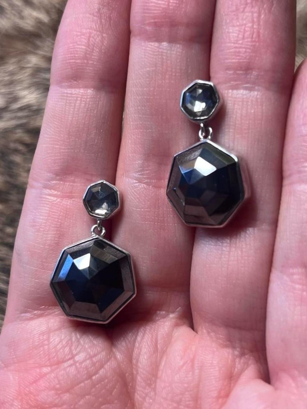 Vintage sterling silver Lori Bonn hematite and smokey quartz geometric earrings